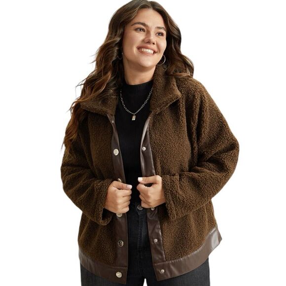 Bloomchic PU Leather Patchwork Metal Detail Brown Teddy Jacket Size 14/16 - Picture 4 of 15